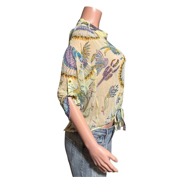 Pulp multi color button down tie front abstract 3/4 sleeve mandarin collar top M - Picture 4 of 6